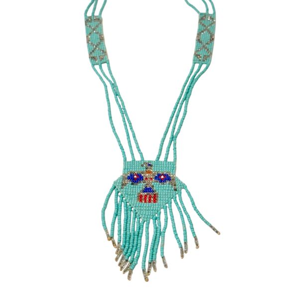 Native American Jewelry - Vintage Hand Beaded Thunderbird Long Necklace Dangle Beaded Fringe